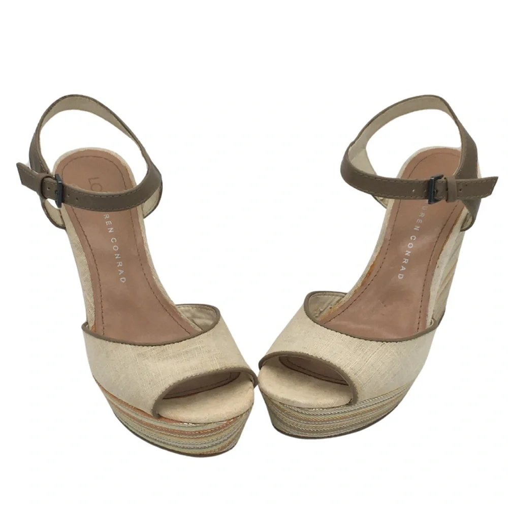 Lauren Conrad Tan Multi Color Peep Toe Platform Wedge size 7
